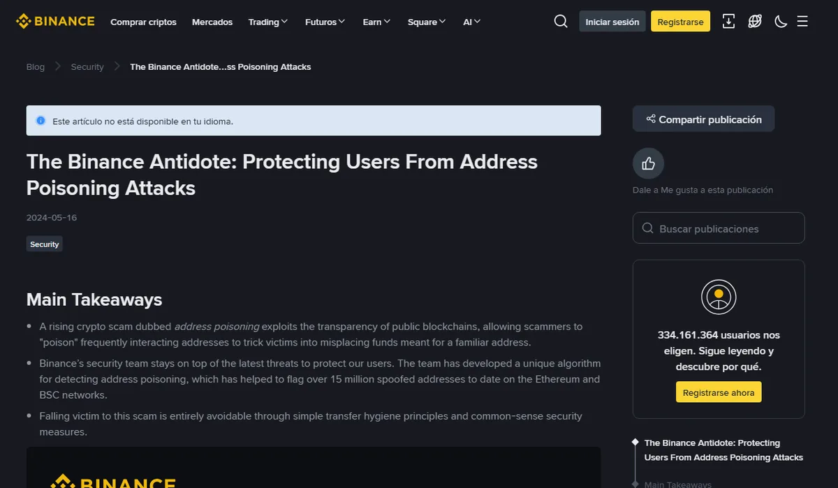 Página del blog de Binance abierta con el idioma español: un aviso azul indica que el artículo no está disponible en tu idioma y debajo aparece en inglés «The Binance Antidote: Protecting Users From Address Poisoning Attacks», fechado el 2024-05-16, con una lista de puntos clave.