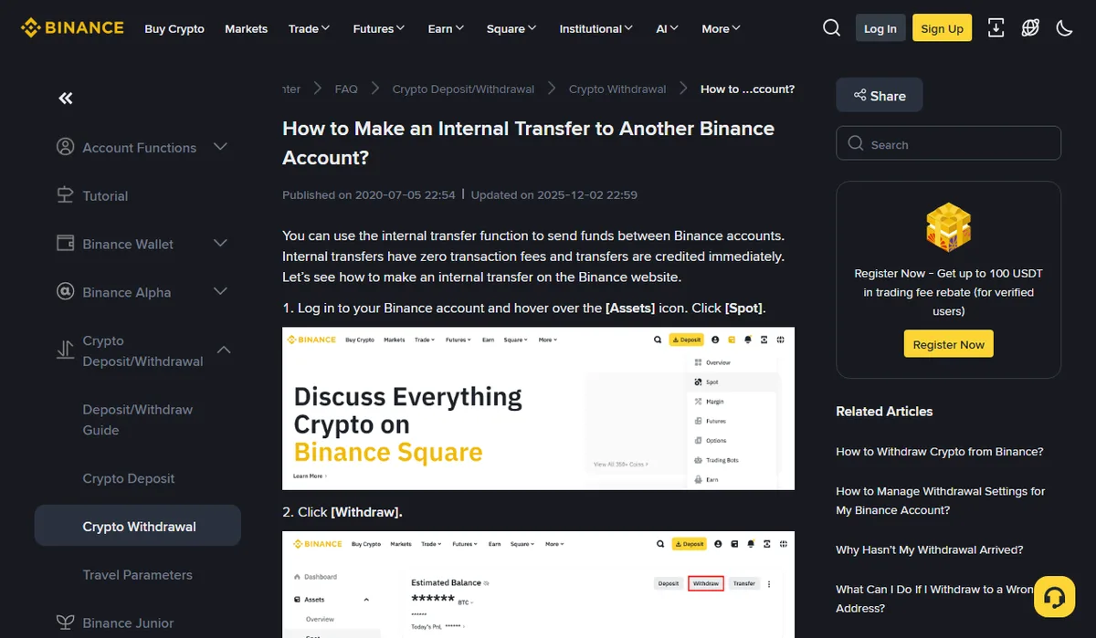 Binance Help Center article How to Make an Internal Transfer to Another Binance Account, showing Published on 2020-07-05 and Updated on 2025-12-02 under the title, an opening paragraph saying internal transfers have zero transaction fees and are credited immediately, and the first two steps: hover over Assets, click Spot, then click Withdraw.