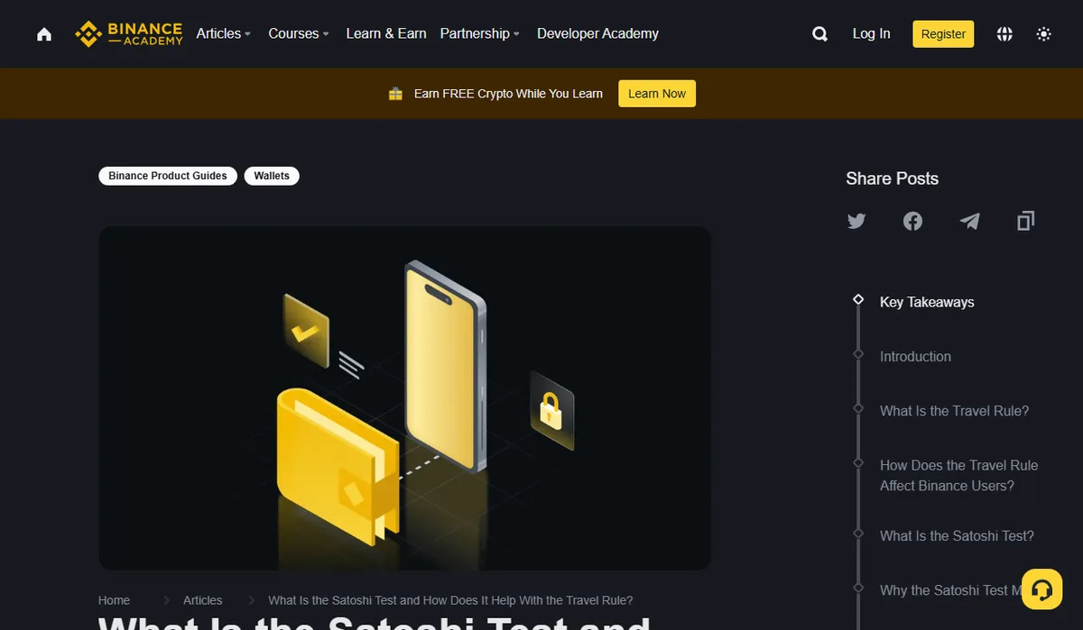 Top of the Binance Academy article “What Is the Satoshi Test and How Does It Help With the Travel Rule?”, with a contents list on the right: Key Takeaways, Introduction, What Is the Travel Rule?, How Does the Travel Rule Affect Binance Users?, What Is the Satoshi Test?