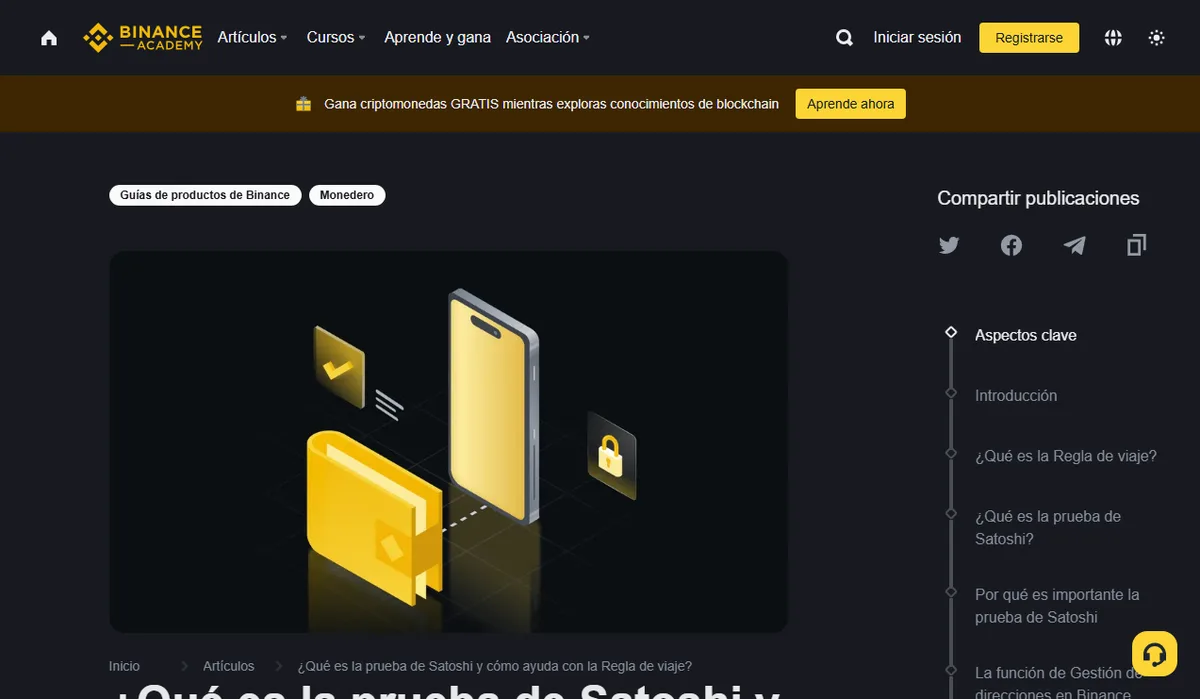 Parte superior del artículo de Binance Academy «¿Qué es la prueba de Satoshi y cómo ayuda con la Regla de viaje?» en español, con el índice a la derecha: Aspectos clave, Introducción, ¿Qué es la Regla de viaje?, ¿Qué es la prueba de Satoshi?, Por qué es importante la prueba de Satoshi, La función de Gestión de direcciones en Binance.