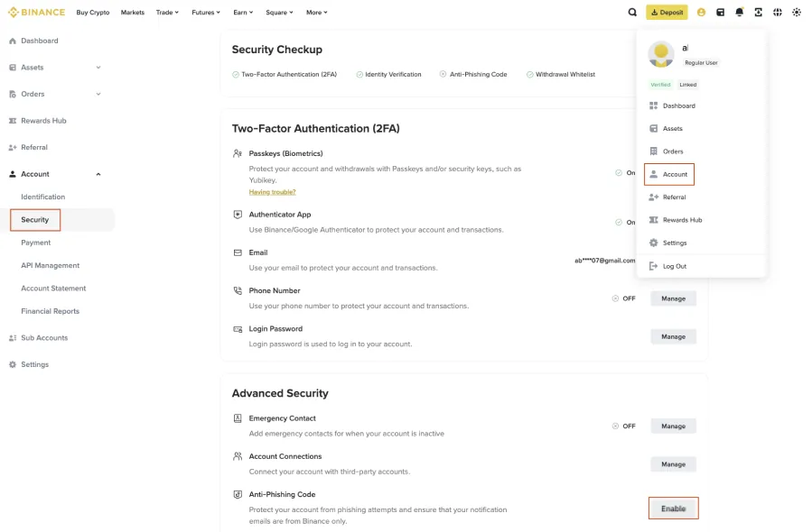 币安官方帮助文档中的安全设置截图,标出 Account、Security,以及下方 Anti-Phishing Code 旁的 Enable 按钮