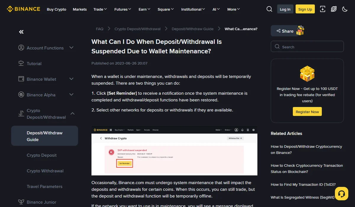 Binance Help Center article What Can I Do When Deposit/Withdrawal Is Suspended Due to Wallet Maintenance, listing two options, Set Reminder and choosing another network, above an example red notice reading SXP withdrawal suspended with an estimated recovery time, a reason and a yellow Set Reminder button outlined in red.