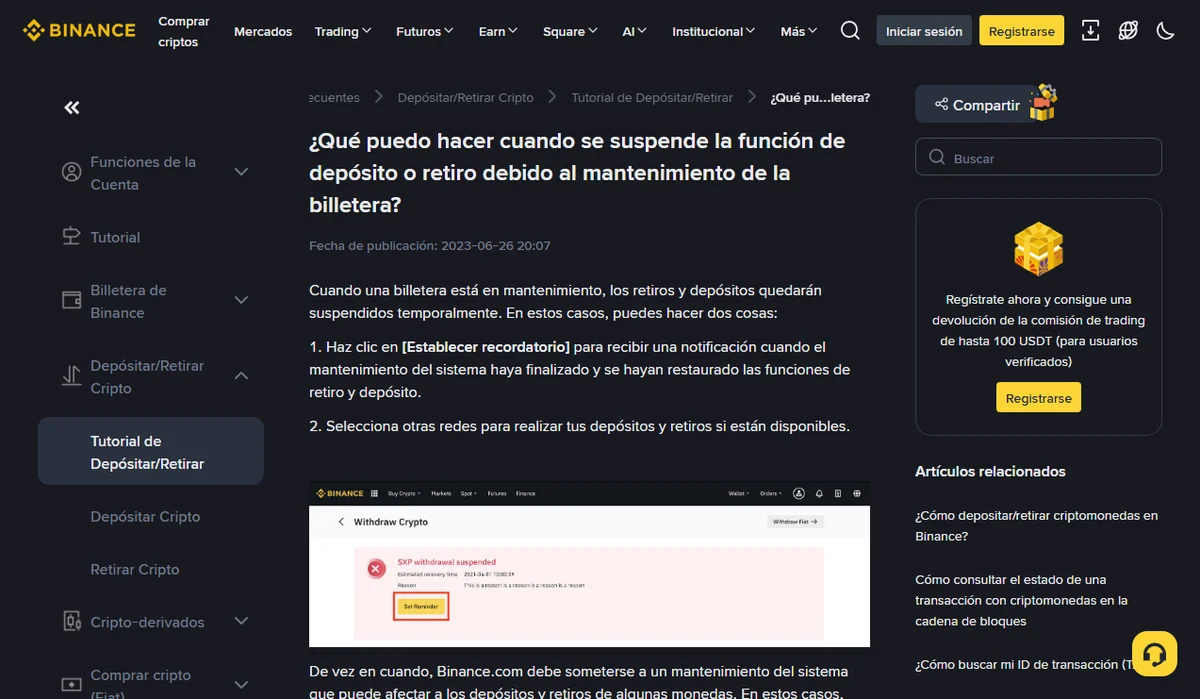Artículo del Centro de ayuda de Binance ¿Qué puedo hacer cuando se suspende la función de depósito o retiro debido al mantenimiento de la billetera?, con dos opciones, Establecer recordatorio y elegir otra red, y debajo un ejemplo de aviso rojo SXP withdrawal suspended con hora estimada, motivo y un botón amarillo Set Reminder marcado en rojo.