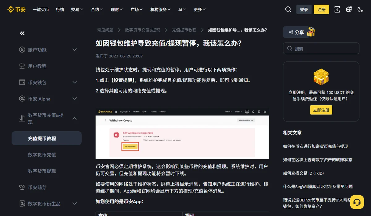 币安帮助中心《如因钱包维护导致充值/提现暂停,我该怎么办?》页面:正文列出点击【设置提醒】和选择其他可用网络两项操作,下方示意图是一块红色提示,写着 SXP withdrawal suspended、预计恢复时间和原因,黄色 Set Reminder 按钮被红框圈出。
